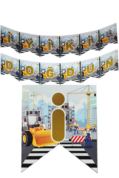 Parti dolabı İnşaat Temalı Doğum Günü Parti Banner Uzar Yazı Kepçe İş Makinesi Konsept Dekor Yazı 200cm
