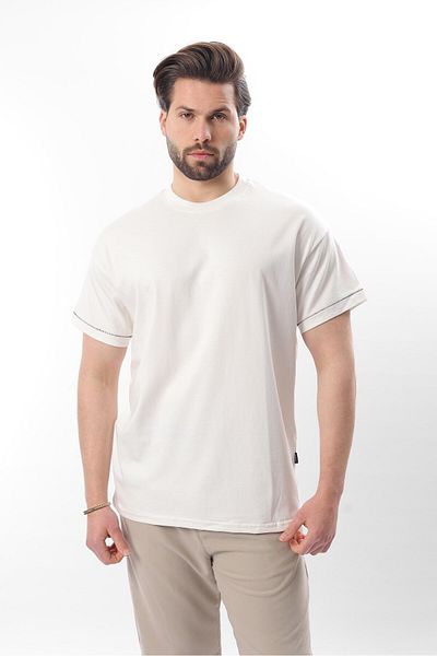 Madmext Ecru Crew Neck Shepherd Stitched Overfit Men's T-Shirt E7103