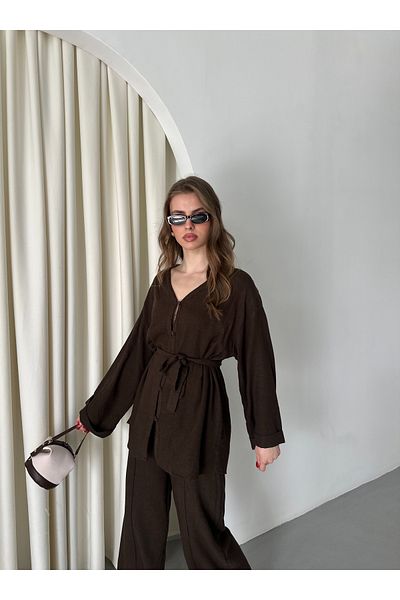 Laluvia Braunes Hemd-Hosen-Set mit Baumwollgürtel – 034