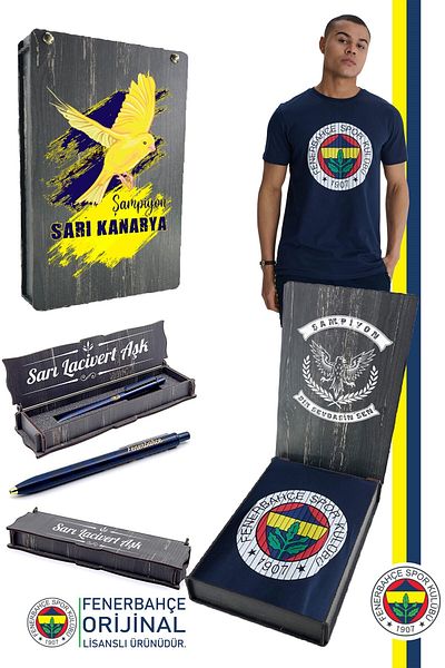 Fenerbahçe Licensed Embossed Logo Turkish Goblet Tshirt + Pen Set Wooden Boxed