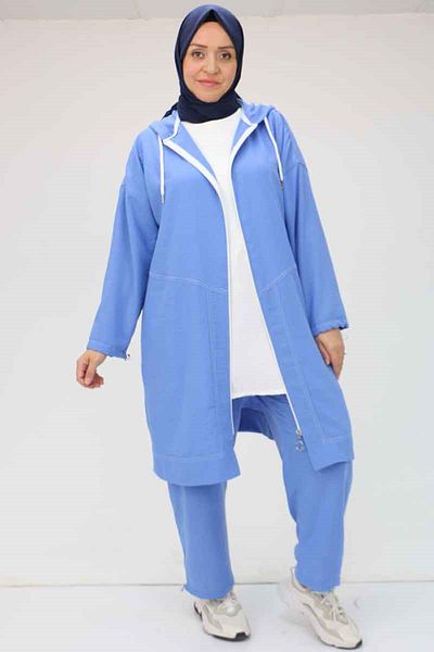 Eslina 57004 Large Size Front Piece Hooded Trousers Suit - Indigo