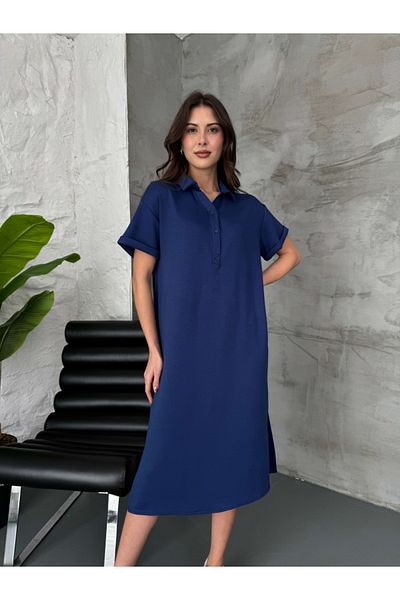 Elif Özbey Butik Rochie modal cu guler polo cu nasturi în față bleumarin