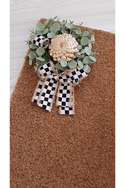 TASARİMECRN Kapı Önü Paspası Dama Kurdelalı Pastel Yeşil Okaliptus 40x70cm Sentetik Iç Ve Dış 10mm Dökülmez