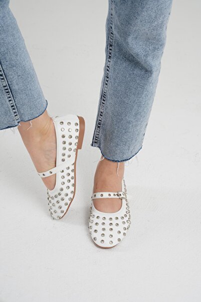 Beyond Balerini din piele alb Disco Stone de damă 1cm Bynddsc01