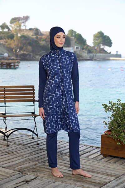 Estiva   Γυναικείο μαγιό Hijab με γεωμετρικό σχέδιο με φερμουάρ Μπλε Navy