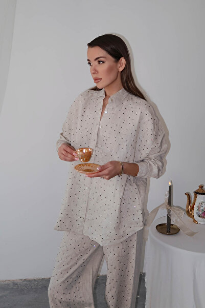 XHAN Beige Stone Embroidered Raw Linen Shirt 5Yxk2-48888-25