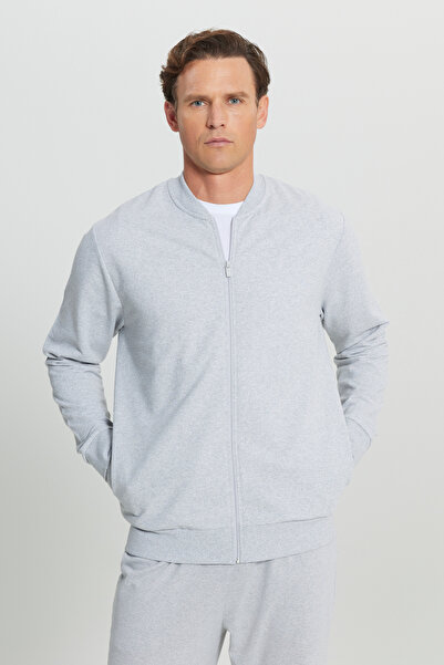 AC&Co / Altınyıldız Classics Ανδρικό μπουφάν με φερμουάρ από γκρι μελανζέ βαμβάκι, κανονική εφαρμογή, κανονική εφαρμογή, κολεγιακό γιακά, πλαϊνή τσέπη, μπουφάν