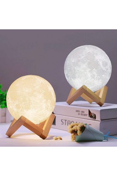 AWH 3D Full Moon Lamp – 15cm LED Night Light, Touch Control, USB Charging, Wooden Stand