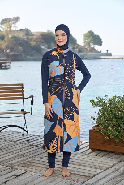 Estiva   Women's Full Covered Full Length Zippered Leaf Patterned Hijab Swimsuit Navy Blue