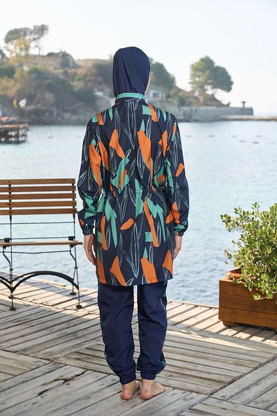 Estiva   Women's Full Covered Zippered Geometric Patterned Hijab Swimsuit Navy Blue