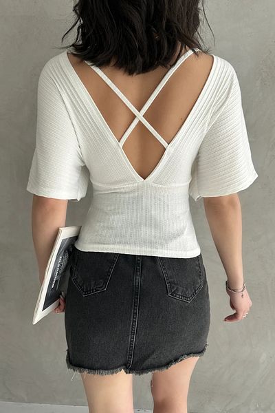 benimmodam V-Neck Back Cross Banded Ribbed Black Women's Blouse