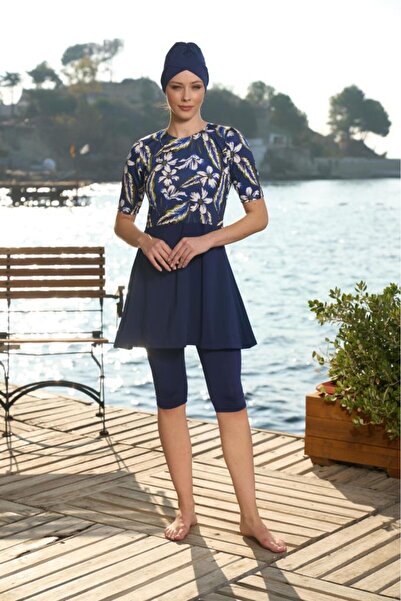 Estiva  Kadın Boneli Yarım Kol Çiçek Desenli Taytlı Mayo Lacivert
