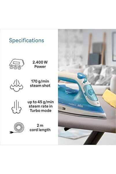 Braun مكواة بخار فريستايل 3، 2400 واط، خزان 270 مل، تقنية فري جلايد ثلاثية الأبعاد، قاعدة سيراميك فائقة، تنظيف سريع فائق، FI3144، أزرق