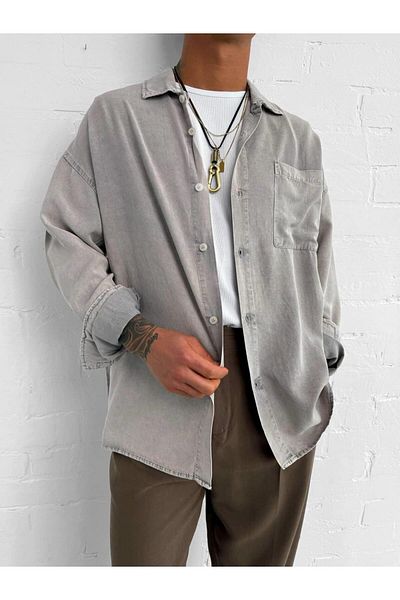 ablukaonline Ανδρικό Oversize Washed Ελαφρύ και αναπνεύσιμο πουκάμισο Πέτρινο χρώμα