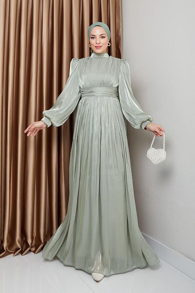 Olcay Yorgo Seiden-Hijab-Abendkleid mit Gürtel und Cape-Detail HELLGRÜN 1237