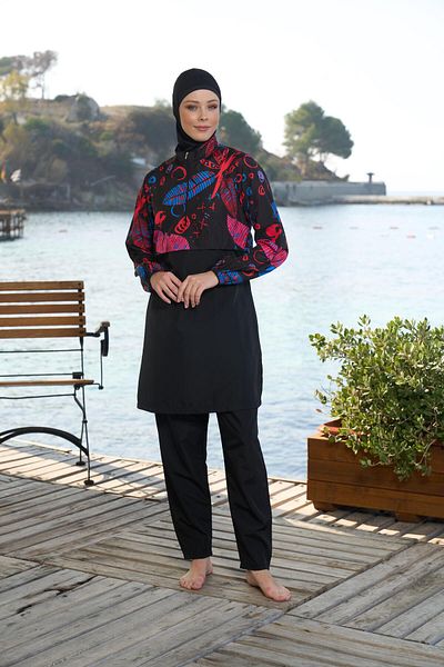 Estiva   Γυναικείο Μαγιό Hijab με Ψηφιακό Σχέδιο Πλήρως Καλυμμένο Μαύρο