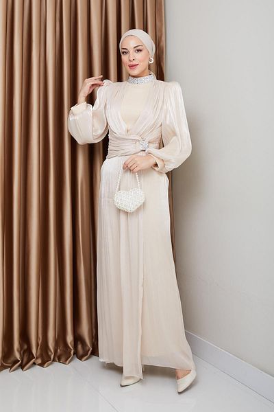 Olcay Yoryo Silk Hijab Abendkleid CREME 1236 – Yoryo Kleid mit Schleife und Kragen aus Stein