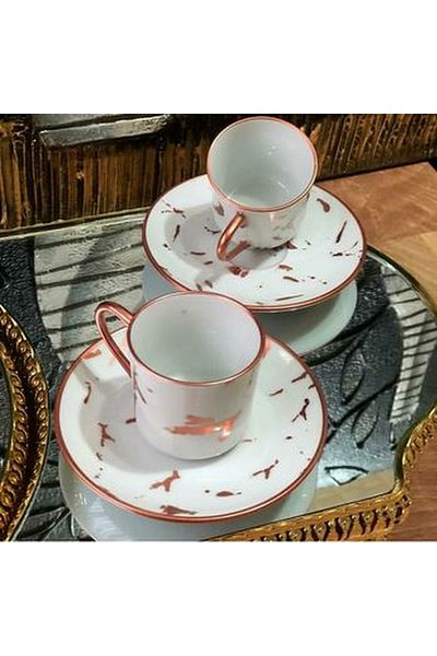 Mask 6 Person Porcelain Copper Marble Pattern Coffee Cup Set 75 Cc