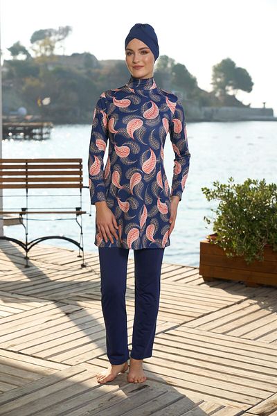 Estiva Costum de baie Hijab cu model de frunze acoperite pentru femei, albastru bleumarin