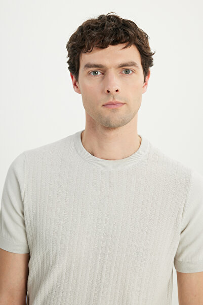 AC&Co / Altınyıldız Classics Ανδρικό ανοιχτό γκρι 100% βαμβακερό μπλουζάκι με κανονική εφαρμογή με λαιμόκοψη ζακάρ πλεκτό