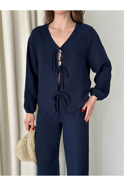 Laluvia Marineblauer Blusen-Hosensatz aus 100 % Baumwolle mit Schnürung – 8502