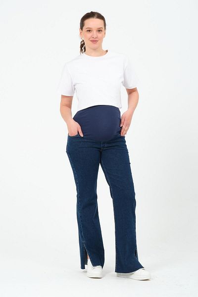 BUSA Maternity Stretchy Tummy Band, Wide Leg Side Slit, Adjustable Waist Jeans Trousers Dark Blue
