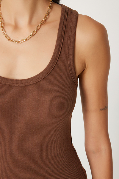 Lovelyİstanbul Corded 2-Piece Knitted Athlete Set - Thick Strap, Brown and White Lhj0002