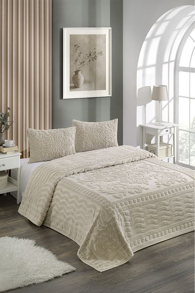 Loselya Beige Bohemian Bedspread 220 X 240 Double-Sized Plush Soft Welsoft with 2 Pillow Covers for Trousseau