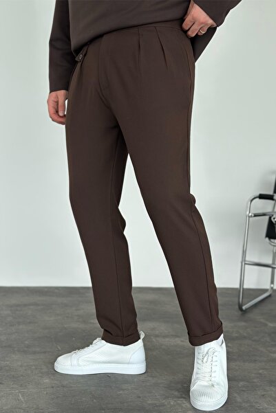 MADZEYMODA Erkek Pileli Duble Paça Kahverengi Kumaş Pantolon KE-1024