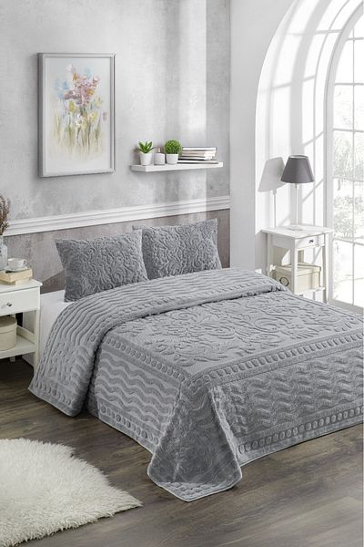 Loselya Gray Bohemian Bedspread 220 X 240 Double Size Plush Soft Welsoft with 2 Pillowcases for Hope Chest