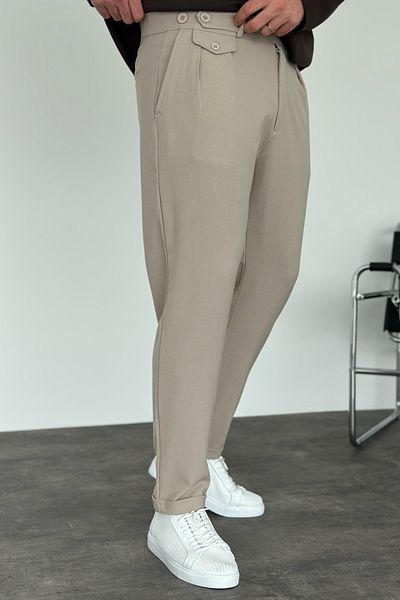 MADZEYMODA Ανδρικό παντελόνι με διπλό πλισέ μπεζ υφασμάτινο KE-1023