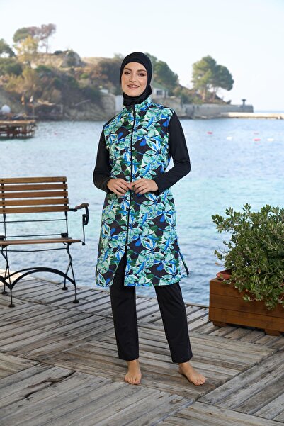 Estiva Γυναικείο μαγιό Hijab με μοτίβο με φερμουάρ, μαύρο