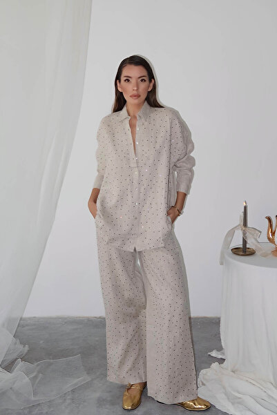 XHAN Beige Stone Embroidered Raw Linen Shirt 5Yxk2-48888-25