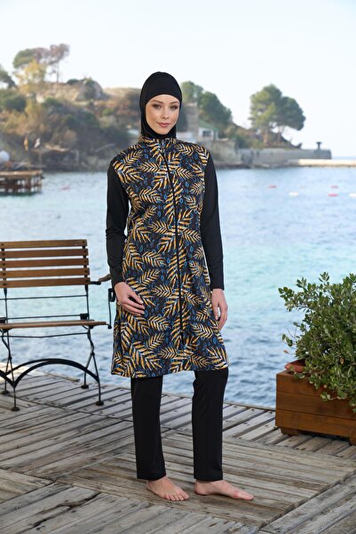 Estiva   Women's Full Covered Zippered Leaf Patterned Hijab Swimsuit Black