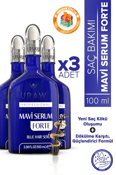 Uraw Blue Serum Forte 3-Piece Deal Pack - Intense Nourishing, Strengthening and Anti-Shedding Hair Serum