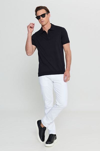 AC&Co / Altınyıldız Classics Ανδρικό μπλουζάκι μαύρο 100% βαμβακερό κανονική εφαρμογή με γιακά πόλο πλεκτό