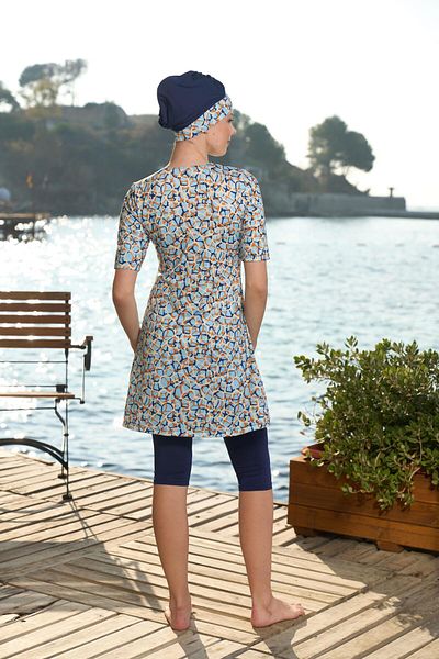 Estiva   Women's Bonnet Half Sleeve Digital Patterned Tights Swimsuit Navy Blue