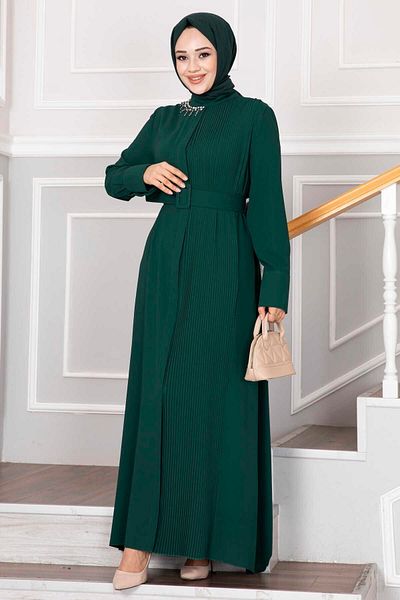 moda periy Women's Pleated Hijab Dress with Stones on the Collar