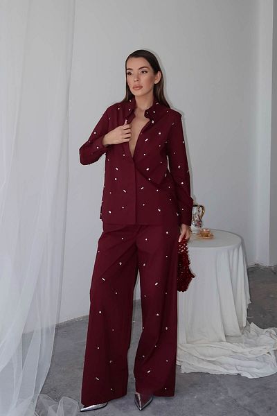 XHAN Burgundy Stone Embroidered Wide Leg Pants 6Yxk5-49105-05