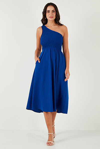 Lela Regular Fit Tek Omuz Belden Açılan Gipeli Midi Boy Elbise ELBİSE 67810248