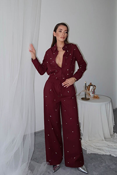 XHAN Burgundy Stone Embroidered Wide Leg Pants 6Yxk5-49105-05