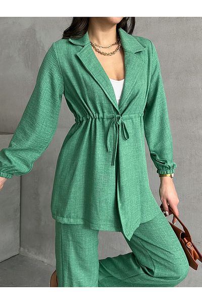 MD trend Women's Linen Waist Drawstring Jacket and Palazzo Pants Two Piece Set