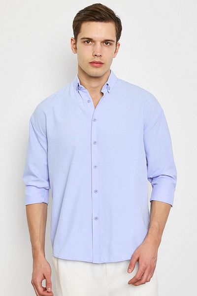 MADZEYMODA Cămașă țesută cu mânecă lungă pentru bărbați Blue Premium LS-19830