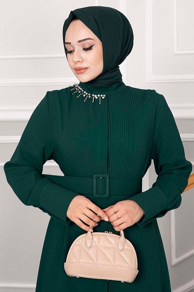 moda periy Women's Pleated Hijab Dress with Stones on the Collar