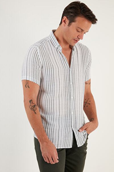 Buratti Striped Cotton Slim Fit Short Sleeve Shirt Men's Shirts Cf23S 116097