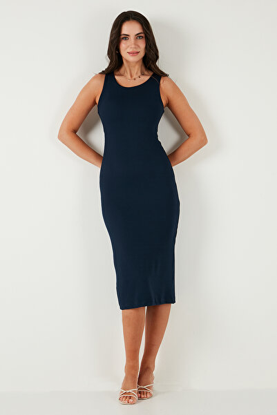 Lela Fitilli Slim Fit Bisiklet Yaka Yırtmaçlı Midi Boy Elbise ELBİSE 5866101
