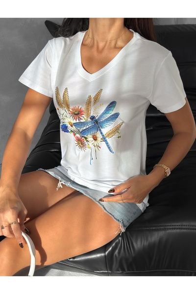 Esra Butik Hane تي شيرت نسائي أبيض برقبة على شكل حرف V مزين بالترتر ومطرز من ...