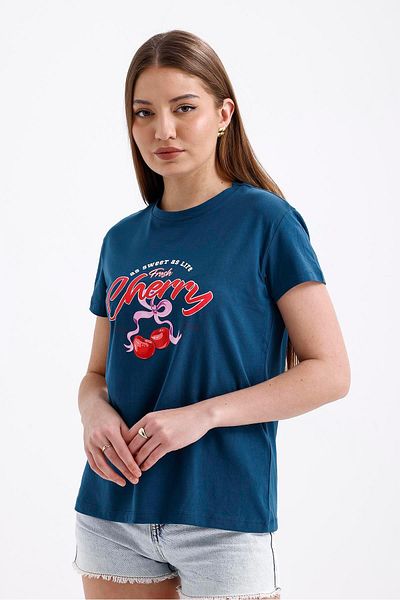 Miss Murem Petrolyeşil Cherry T-Shirt as Sweet as Life