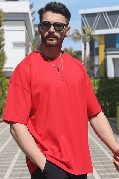 EydaMoon Tricou roșu oversize pentru bărbați, 100% bumbac, cu decolteu triplu