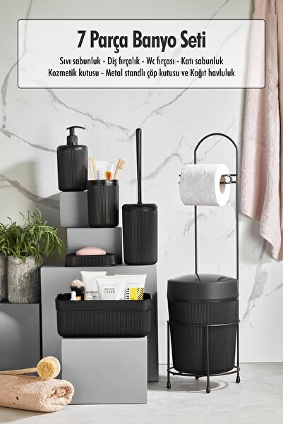 EWs 7 Parça Siyah Banyo Seti Metal Stantlı Kovalı Wc Kağıtlık Kozmetik Kutusu...